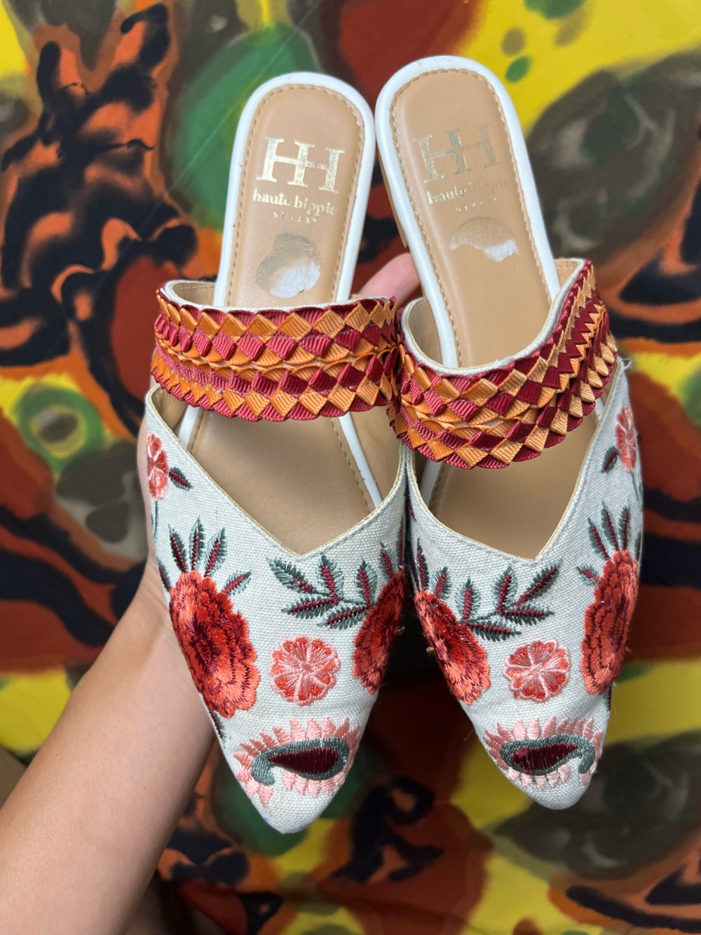 Haute Hippie red floral embroidered slip-on mules with woven strap women’s 7.5 - Picture 2 of 15